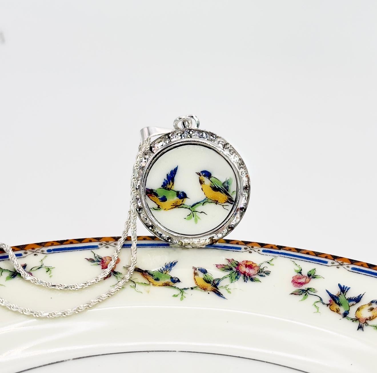 Love Birds Anniversary Gifts for Girlfriend, Antique Broken China Jewelry Necklace