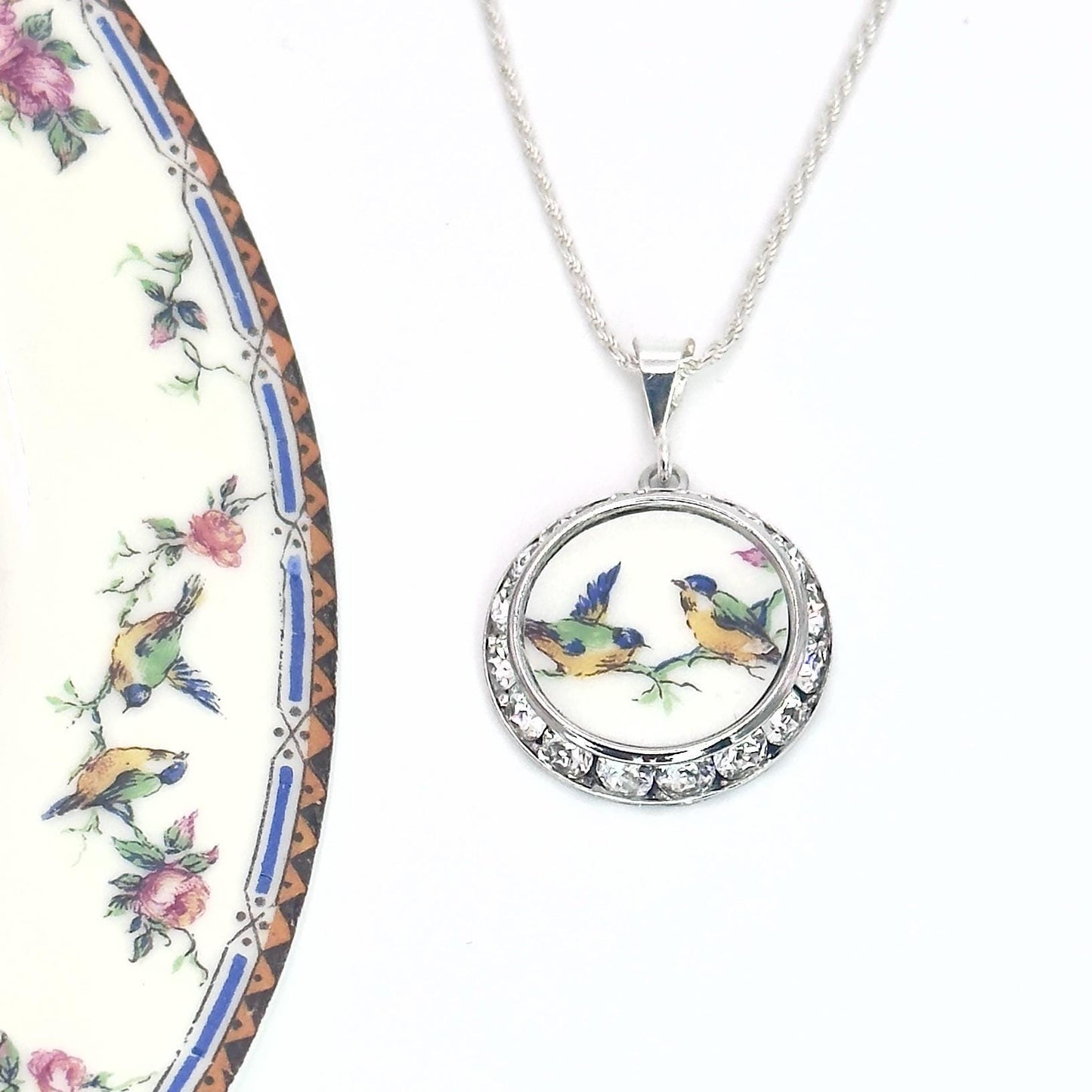 Love Birds Anniversary Gifts for Girlfriend, Antique Broken China Jewelry Necklace
