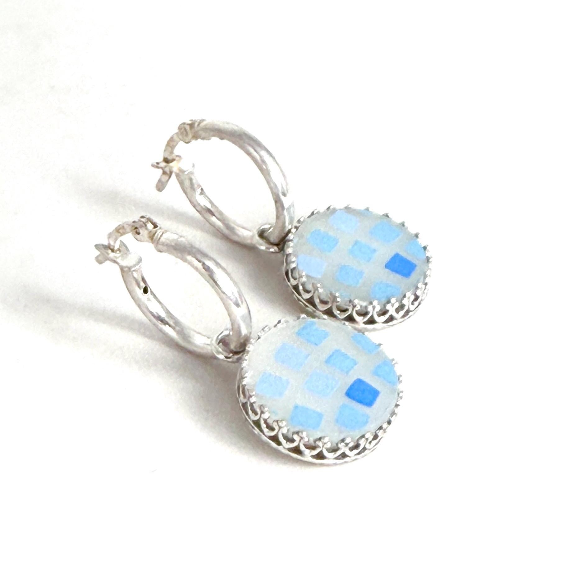 Vintage Pyrex Earrings, Sterling Silver Hoops, Anchor Hocking 1960s Milk Glass Jewelry