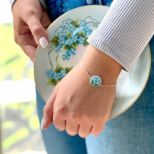 Dainty Forget Me Not Adjustable Bolo Bracelet, Broken China Jewelry, Sterling Silver