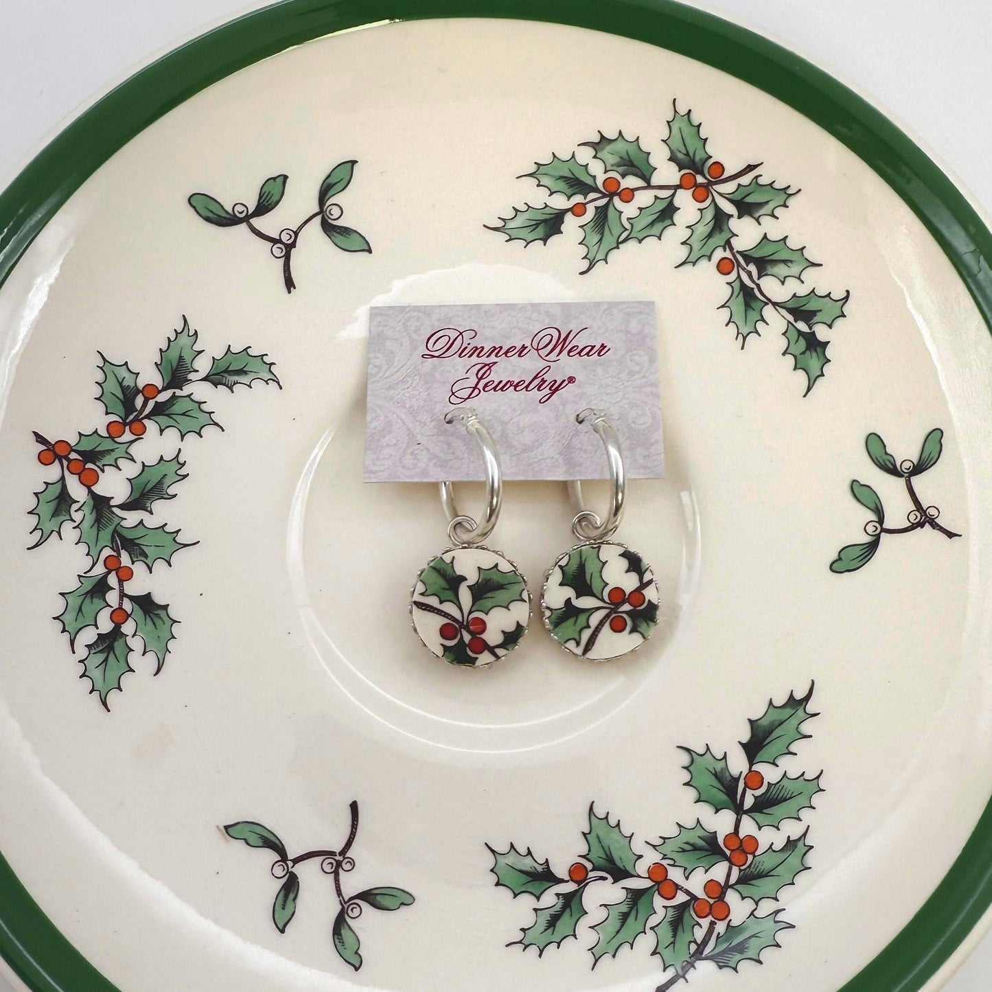Holly Spode Christmas Tree Pattern Sterling Silver Hoop Earrings, Broken China Jewelry