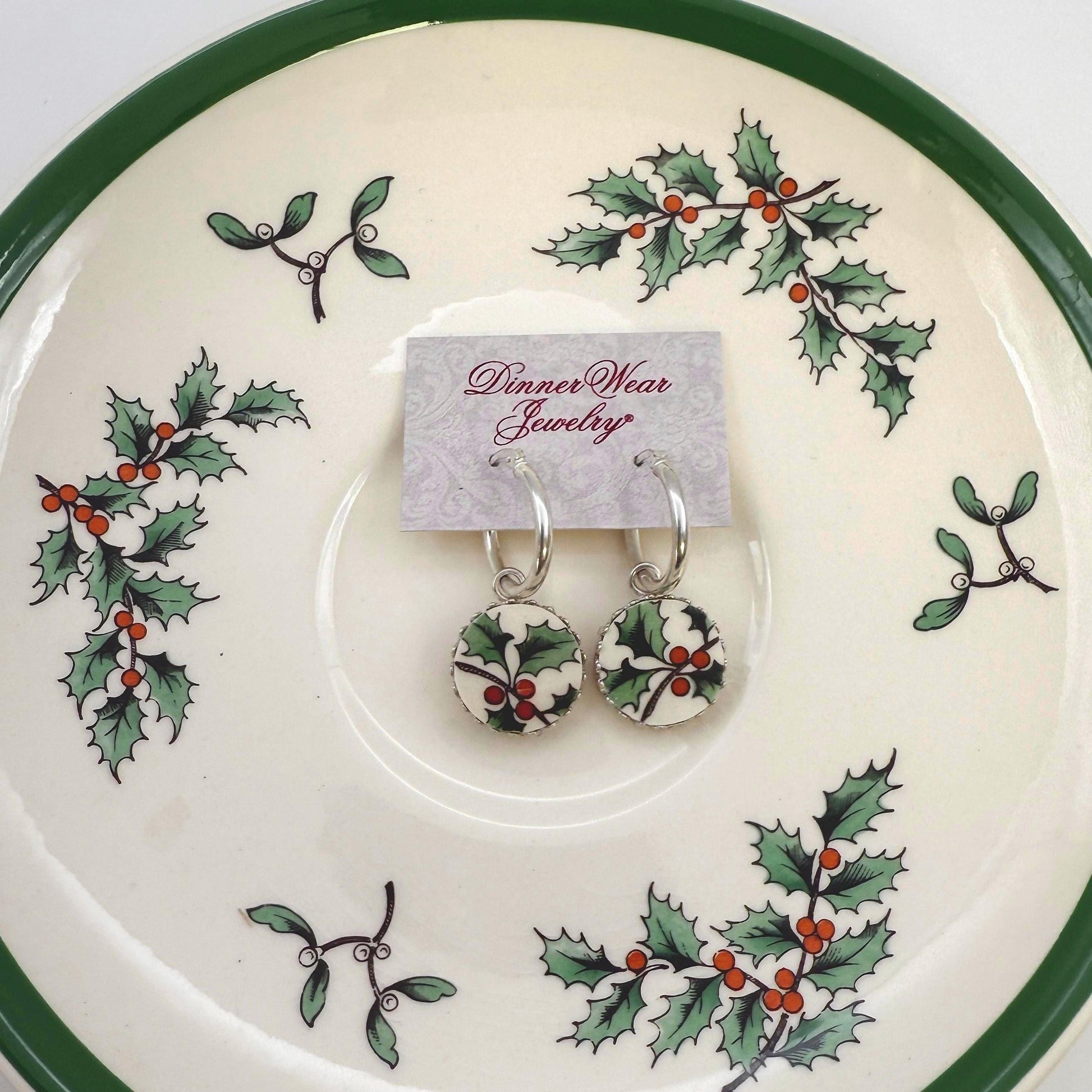 Holly Spode Christmas Tree Pattern Sterling Silver Hoop Earrings, Broken China Jewelry