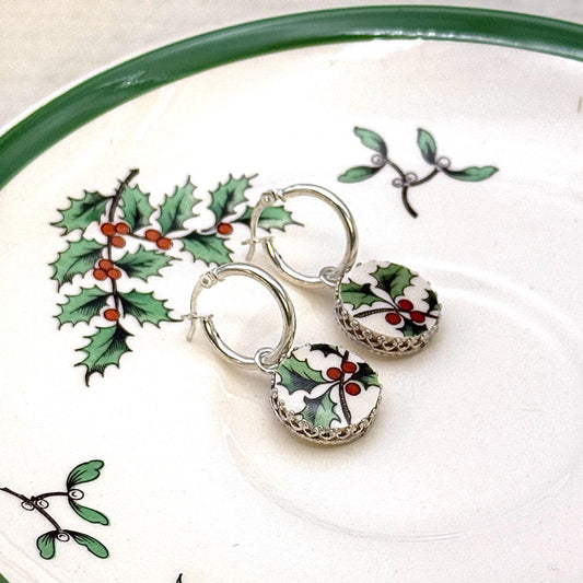 Holly Spode Christmas Tree Pattern Sterling Silver Hoop Earrings, Broken China Jewelry