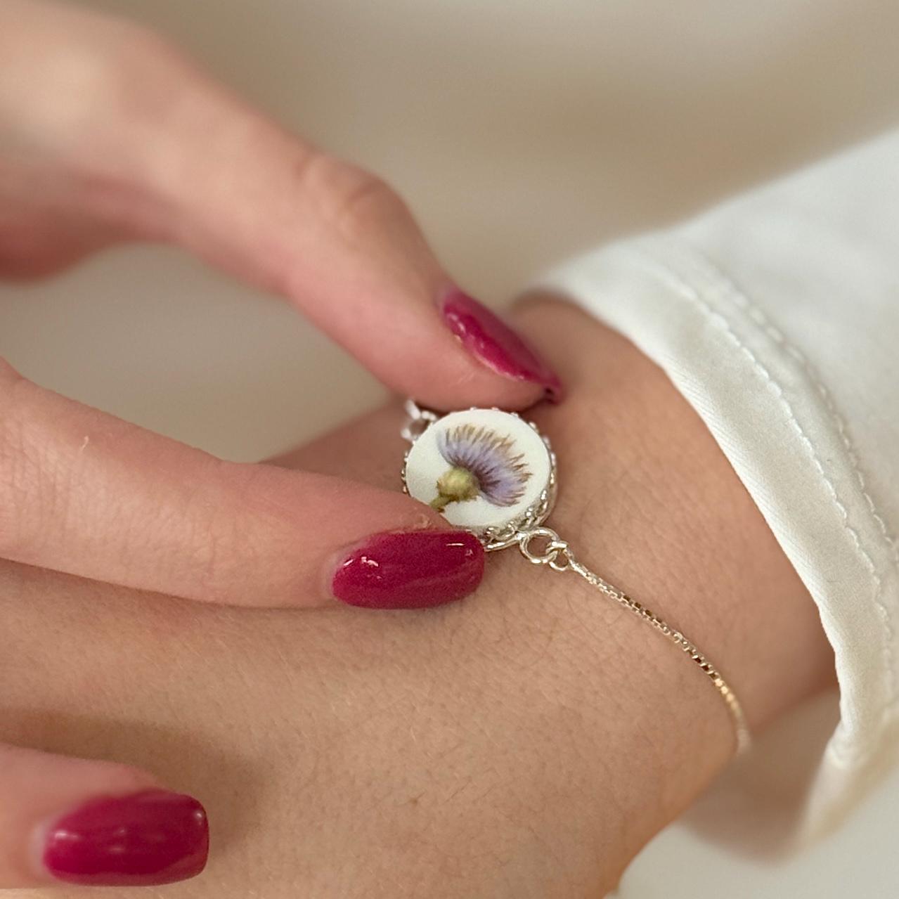 Scottish Thistle Bracelet, Dainty Sterling Silver Jewelry, Broken China Jewelry