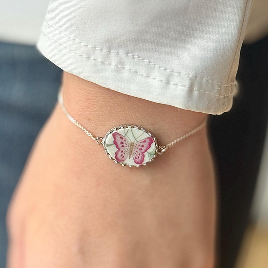 Sterling Silver Butterfly Bolo Bracelet, Vintage Broken China Jewelry, Stocking Stuffer Gifts for Women