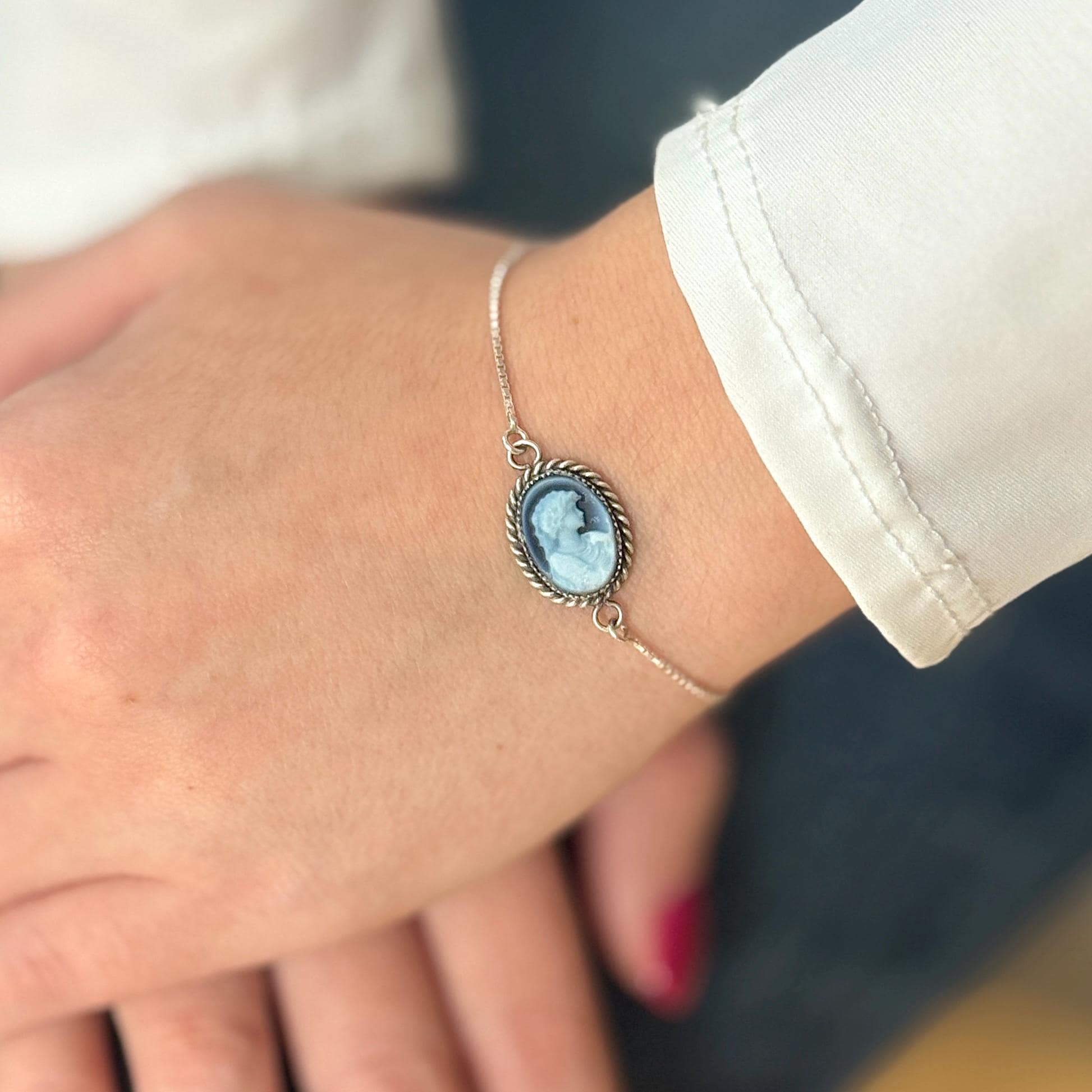 Sterling Silver Gemstone Cameo Bolo Bracelet, Gifts for Daughter