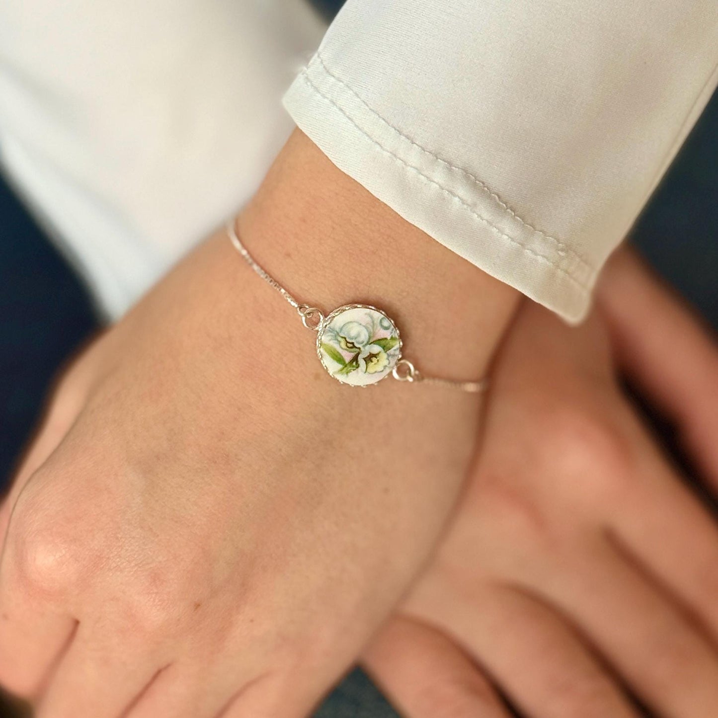 Dainty Sterling Silver Lily of the Valley Bolo Bracelet, Vintage Broken China Jewelry