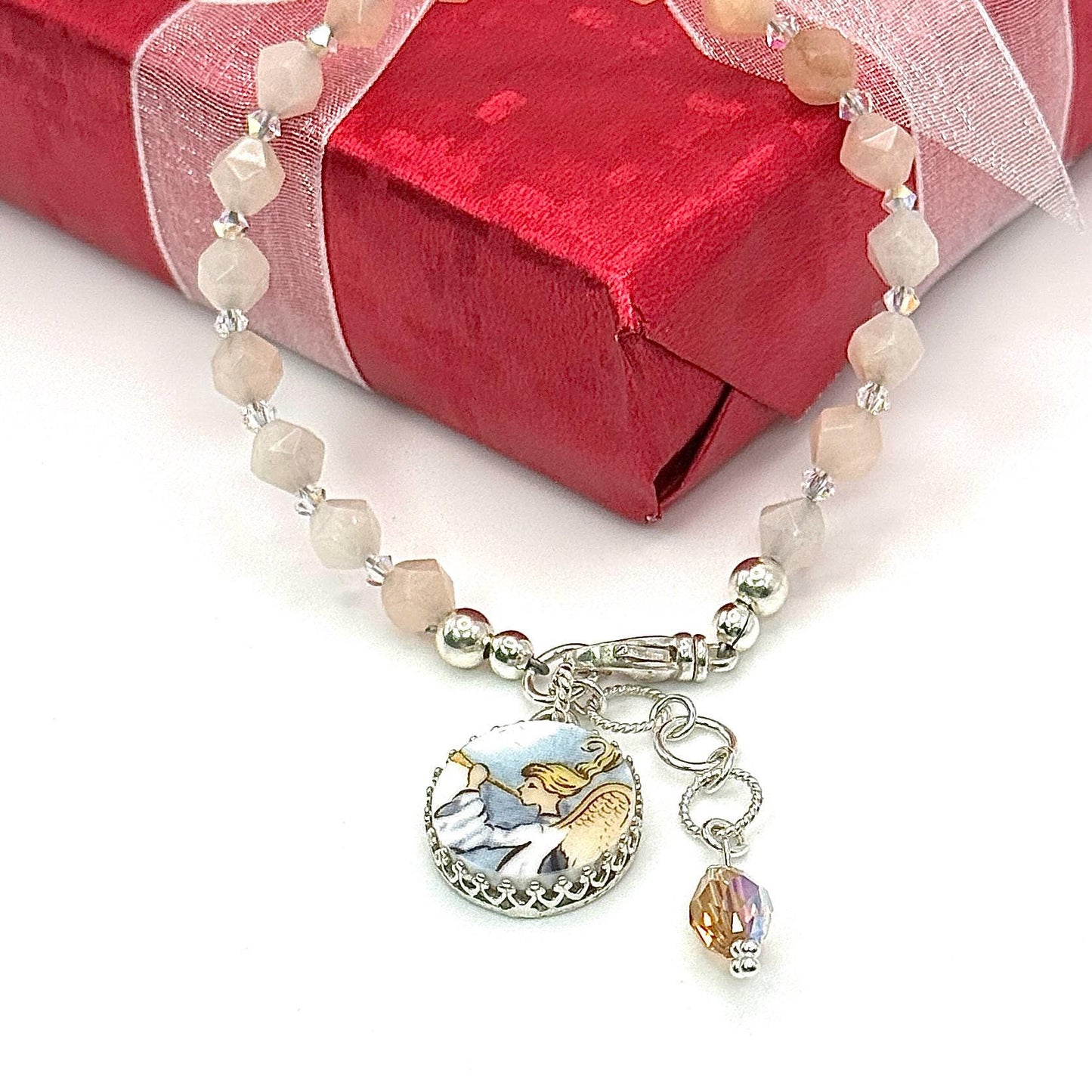 Adjustable Angel Charm Bracelet, Broken China Jewelry, Sterling Silver and Jasper