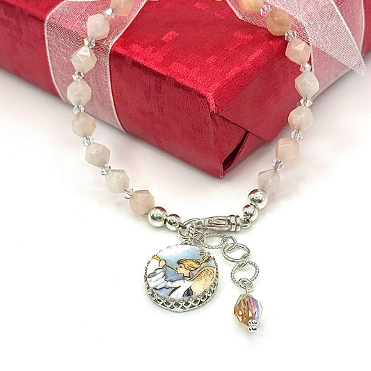 Adjustable Angel Charm Bracelet, Broken China Jewelry, Sterling Silver and Jasper