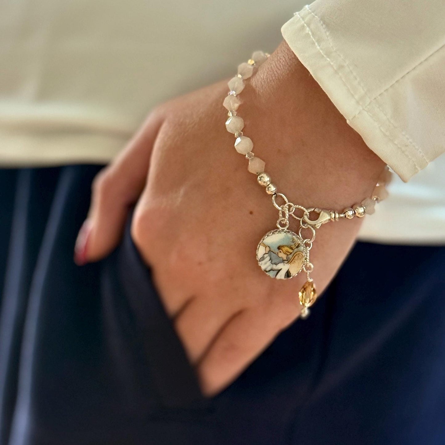Adjustable Angel Charm Bracelet, Broken China Jewelry, Sterling Silver and Jasper