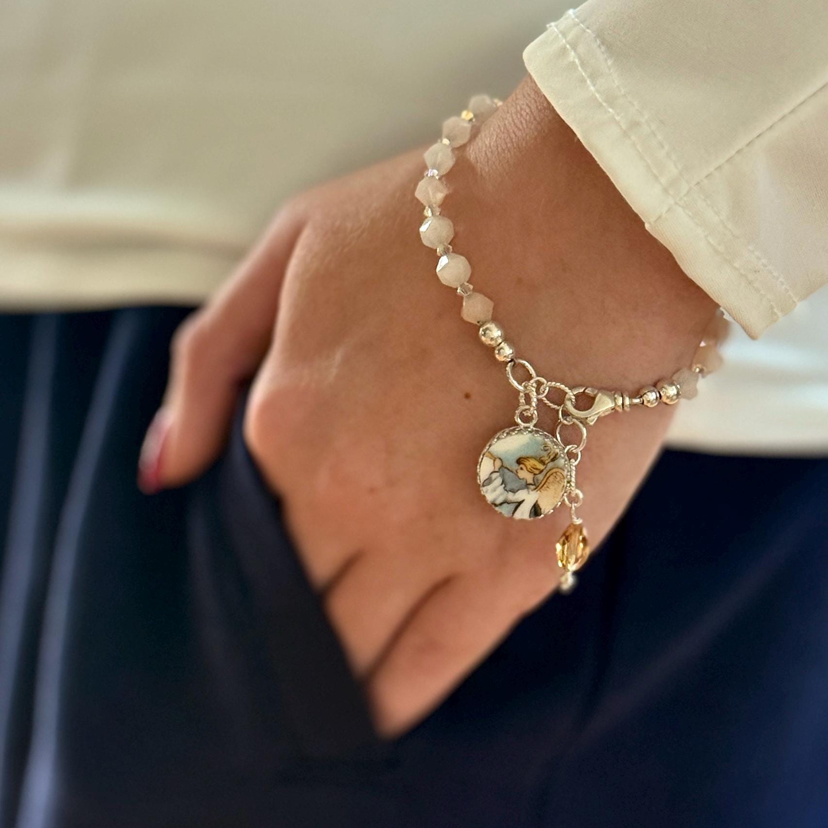 Adjustable Angel Charm Bracelet, Broken China Jewelry, Sterling Silver and Jasper