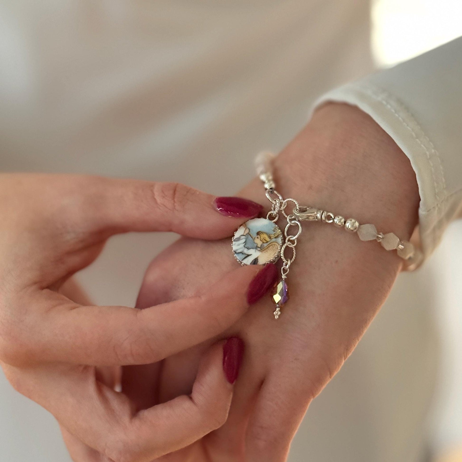 Adjustable Angel Charm Bracelet, Broken China Jewelry, Sterling Silver and Jasper