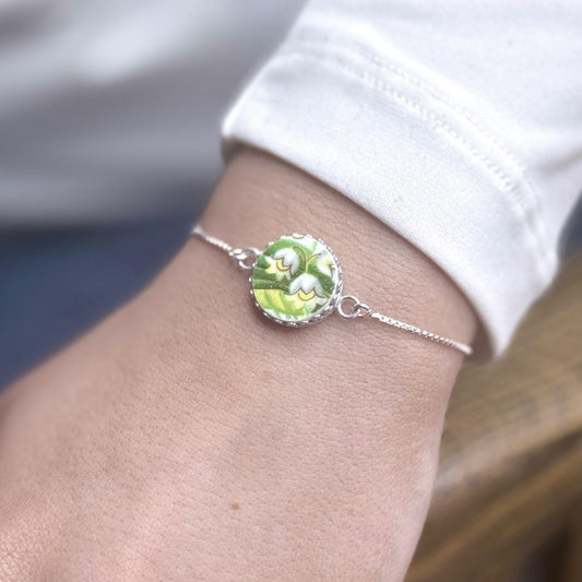 One of-a Kind Lily of the Valley Bracelet, Sterling Silver Adjustable Bracelet, Broken China Jewelry