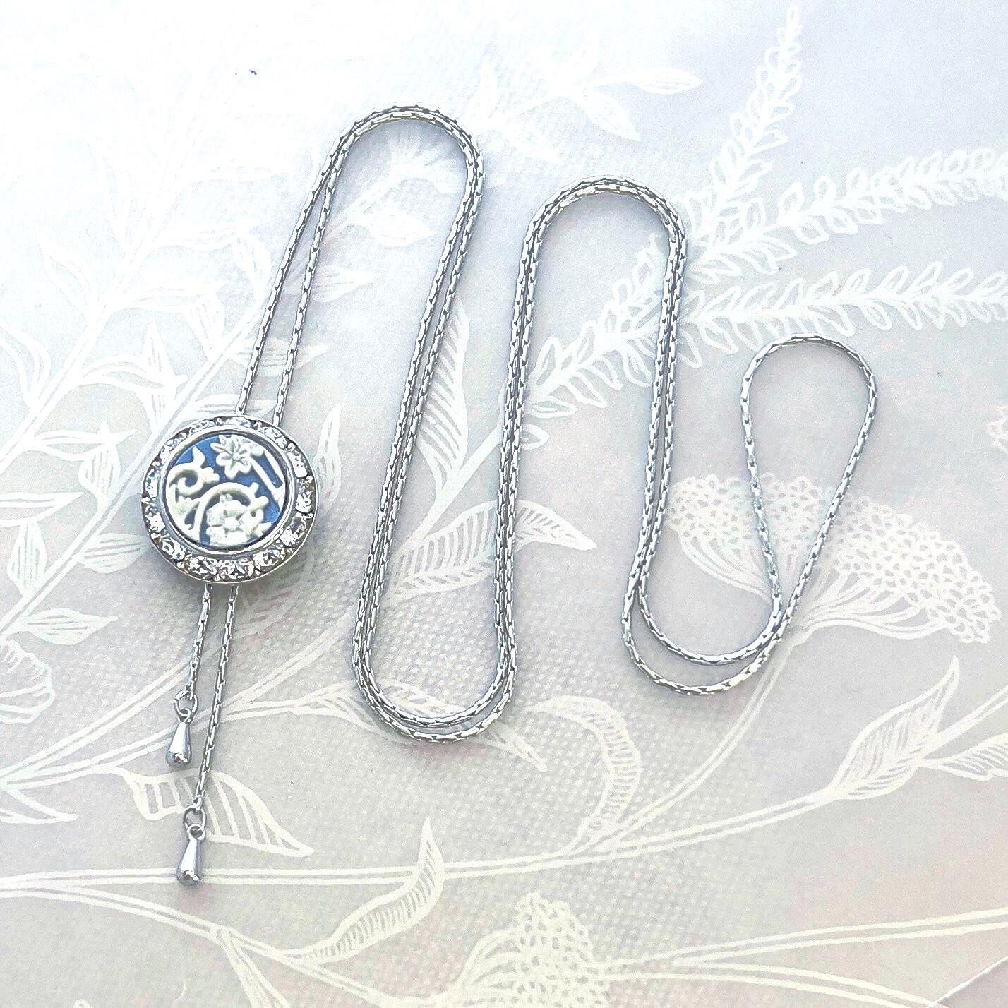 Adjustable Wedgwood Jasperware Necklace, Broken China Jewelry, Long Crystal Lariat, Unique Gifts for Her