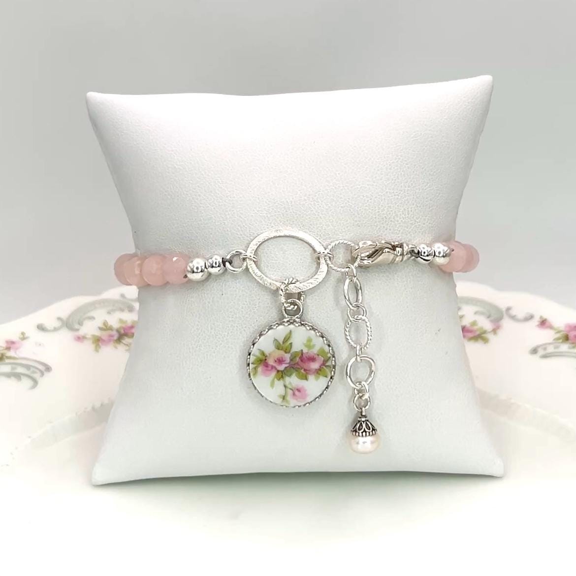 Antique French Limoges Porcelain Bracelet, Romantic 18th Anniversary Gifts for Wife, Rose Quartz Jewelry