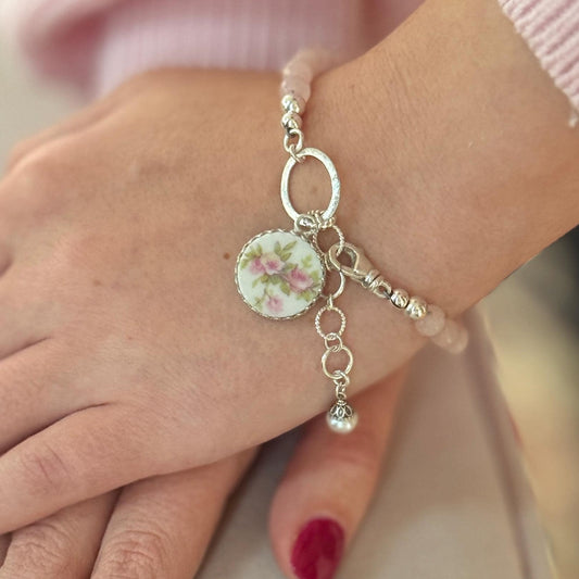 Antique French Limoges Porcelain Bracelet, Romantic 18th Anniversary Gifts for Wife, Rose Quartz Jewelry