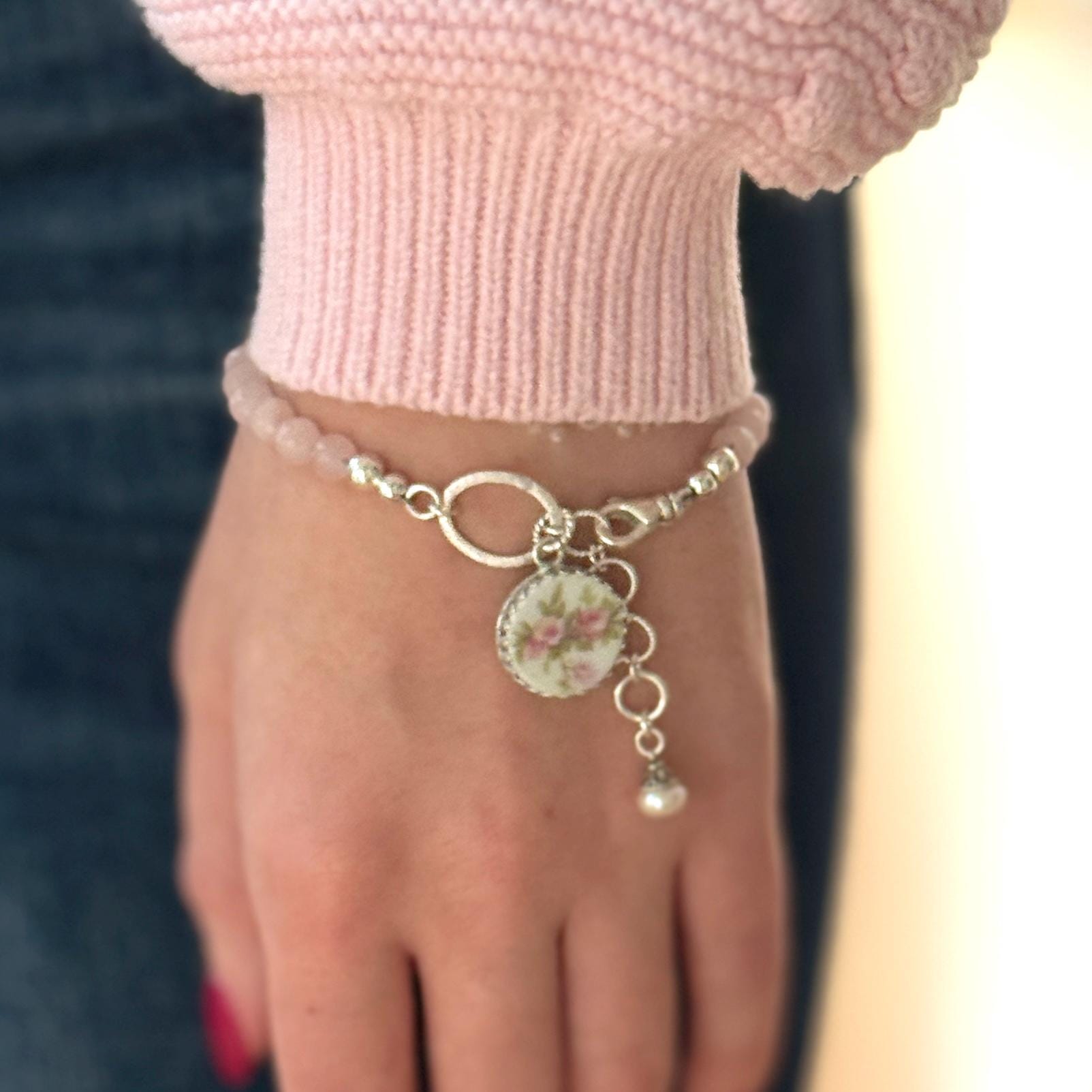 Antique French Limoges Porcelain Bracelet, Romantic 18th Anniversary Gifts for Wife, Rose Quartz Jewelry