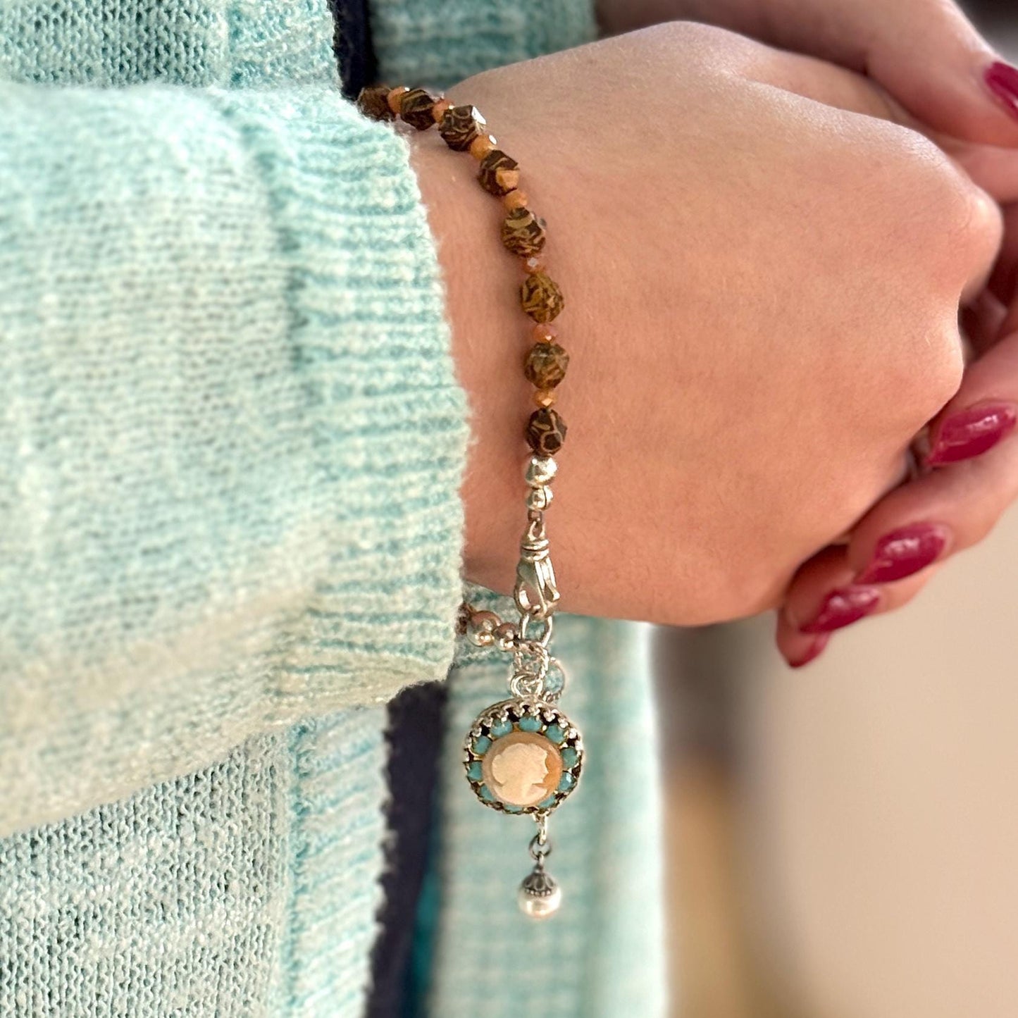 One-of-a-Kind Vintage Shell Cameo Bracelet, Gemstone Jewelry