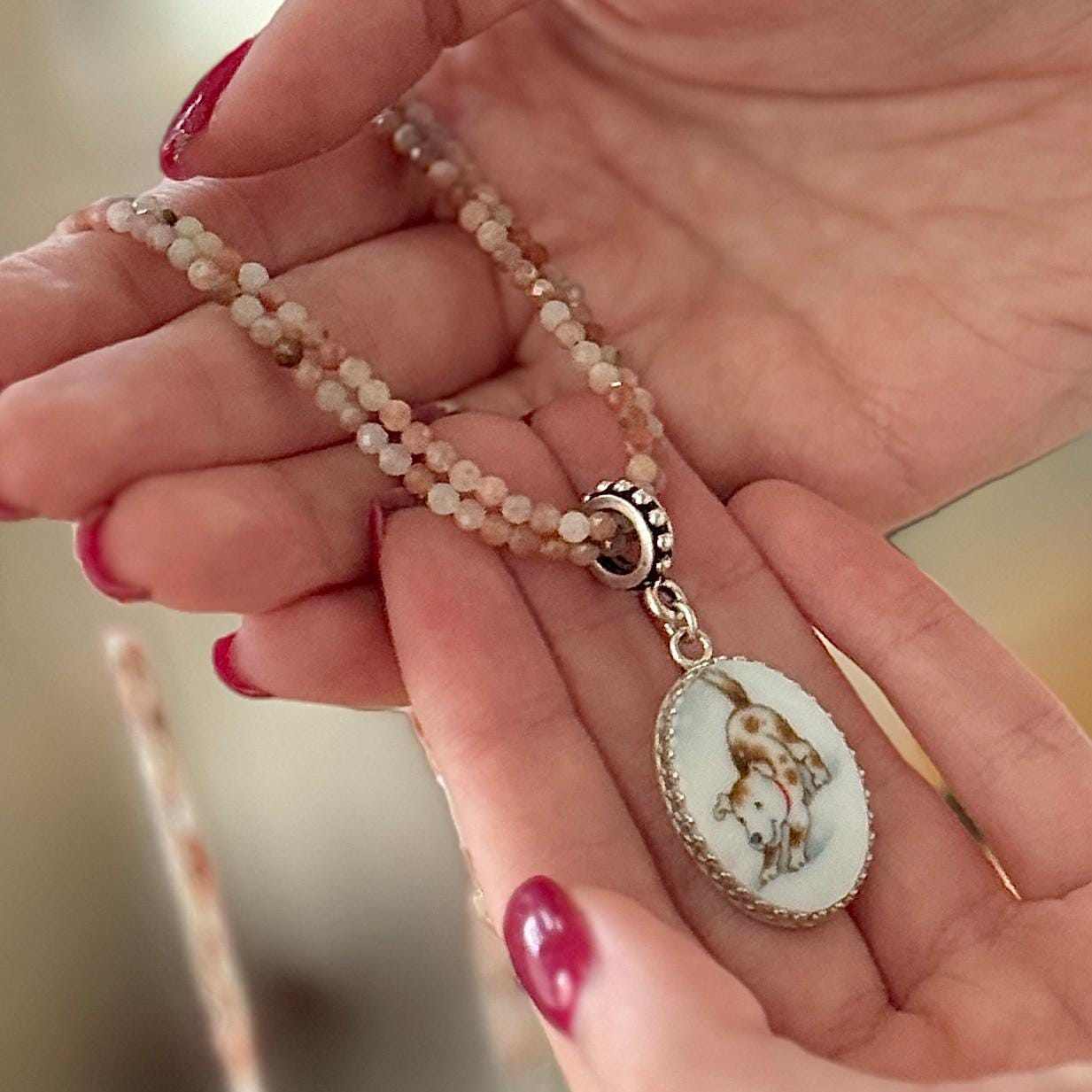 Dog Necklace, Sweet Puppy Dog Playing in the Snow, Broken China Jewelry