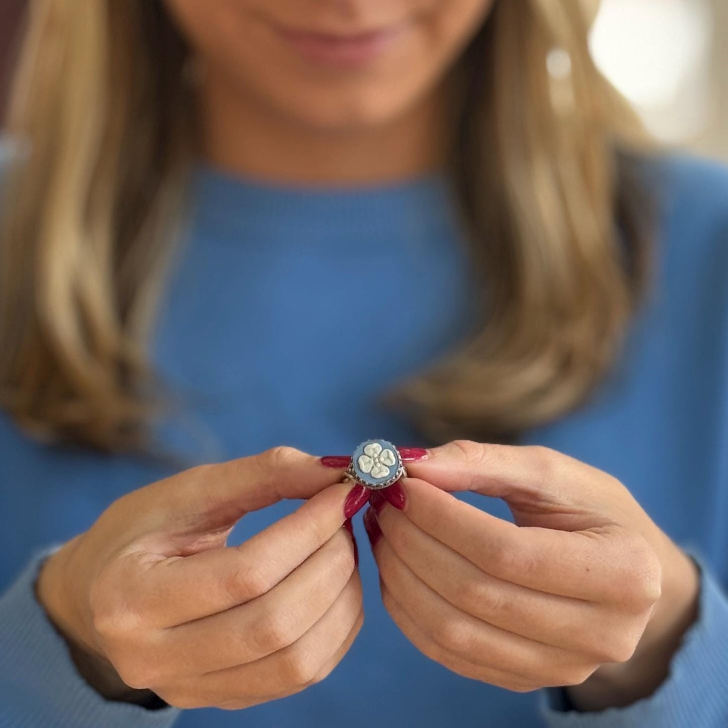 Wedgwood Blue Jasperware Ring, Adjustable Sterling Silver Ring for Women