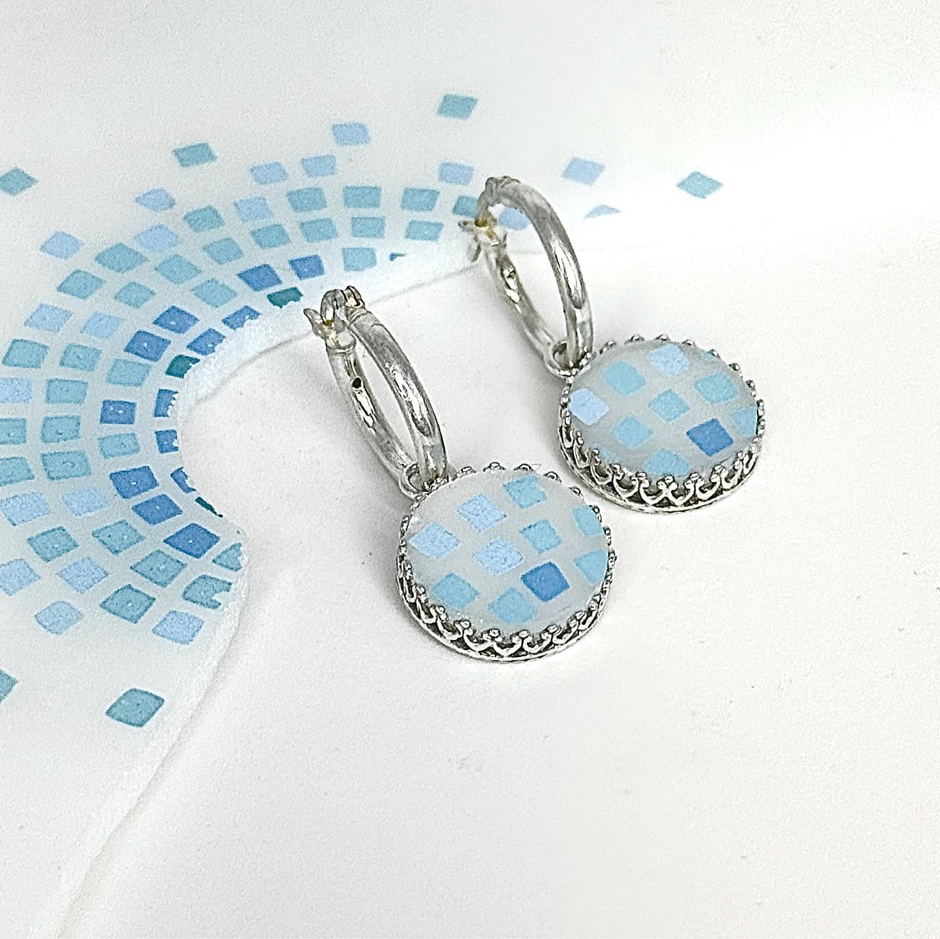 Vintage Pyrex Earrings, Sterling Silver Hoops, Anchor Hocking 1960s Milk Glass Jewelry