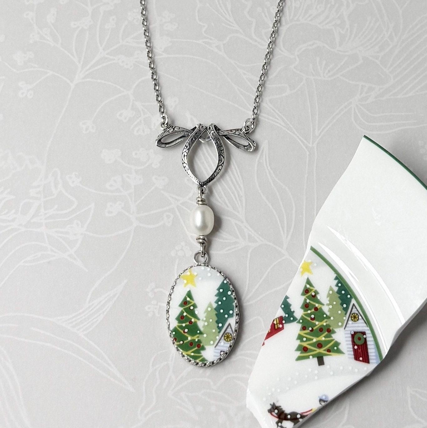 Victorian Christmas Tree Necklace, Unique Holiday Gift for Her, Broken China Jewelry Pearl Necklace, Lenox Sleighride China Necklace