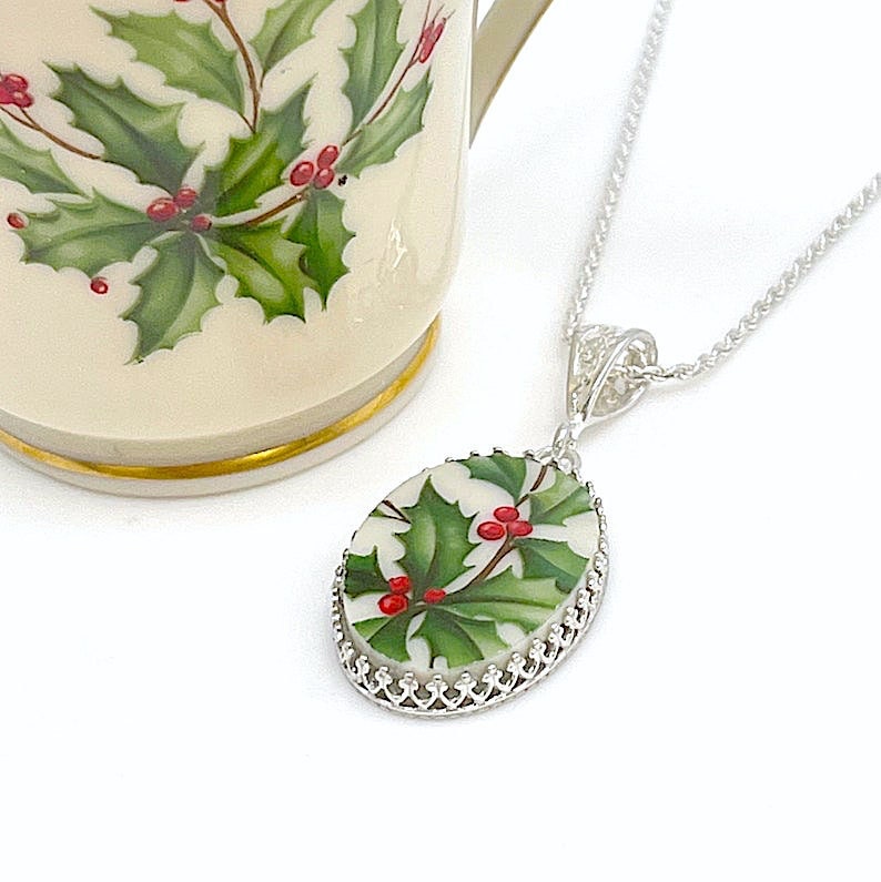 Holly Lenox Holiday Broken China Necklace, Christmas Gift, Sterling Silver