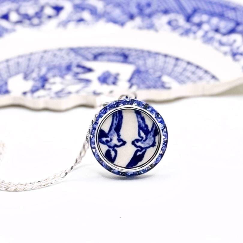 20th Anniversary Gifts for Wife, Blue Willow Love Birds China Necklace, Crystal Jewelry