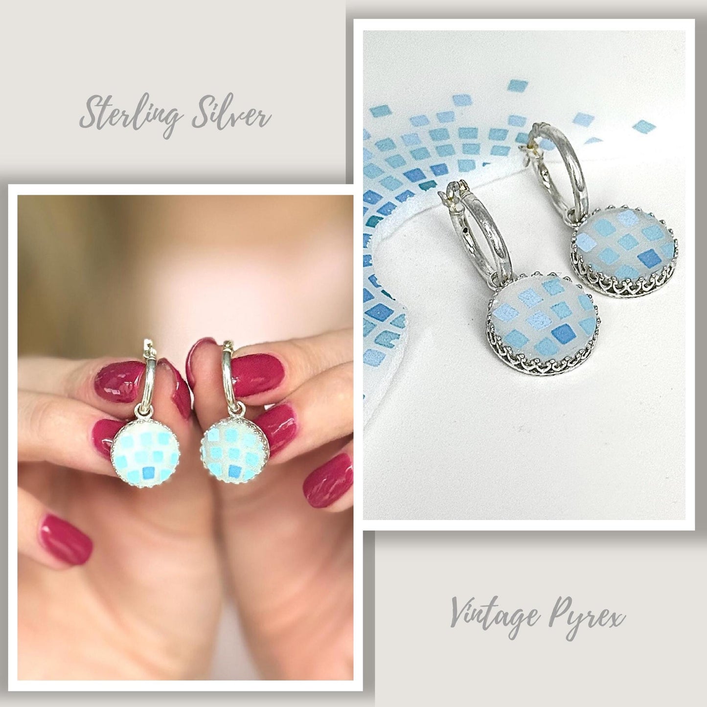 Vintage Pyrex Earrings, Sterling Silver Hoops, Anchor Hocking 1960s Milk Glass Jewelry