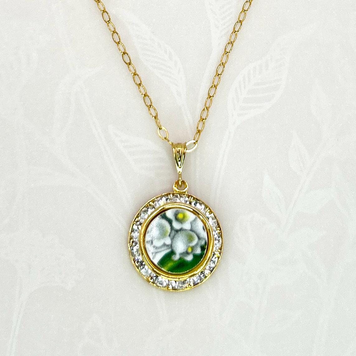 Lily of the Valley Necklace, 20th Wedding Anniversary Gift for Wife, Gold Crystal Broken China Jewelry