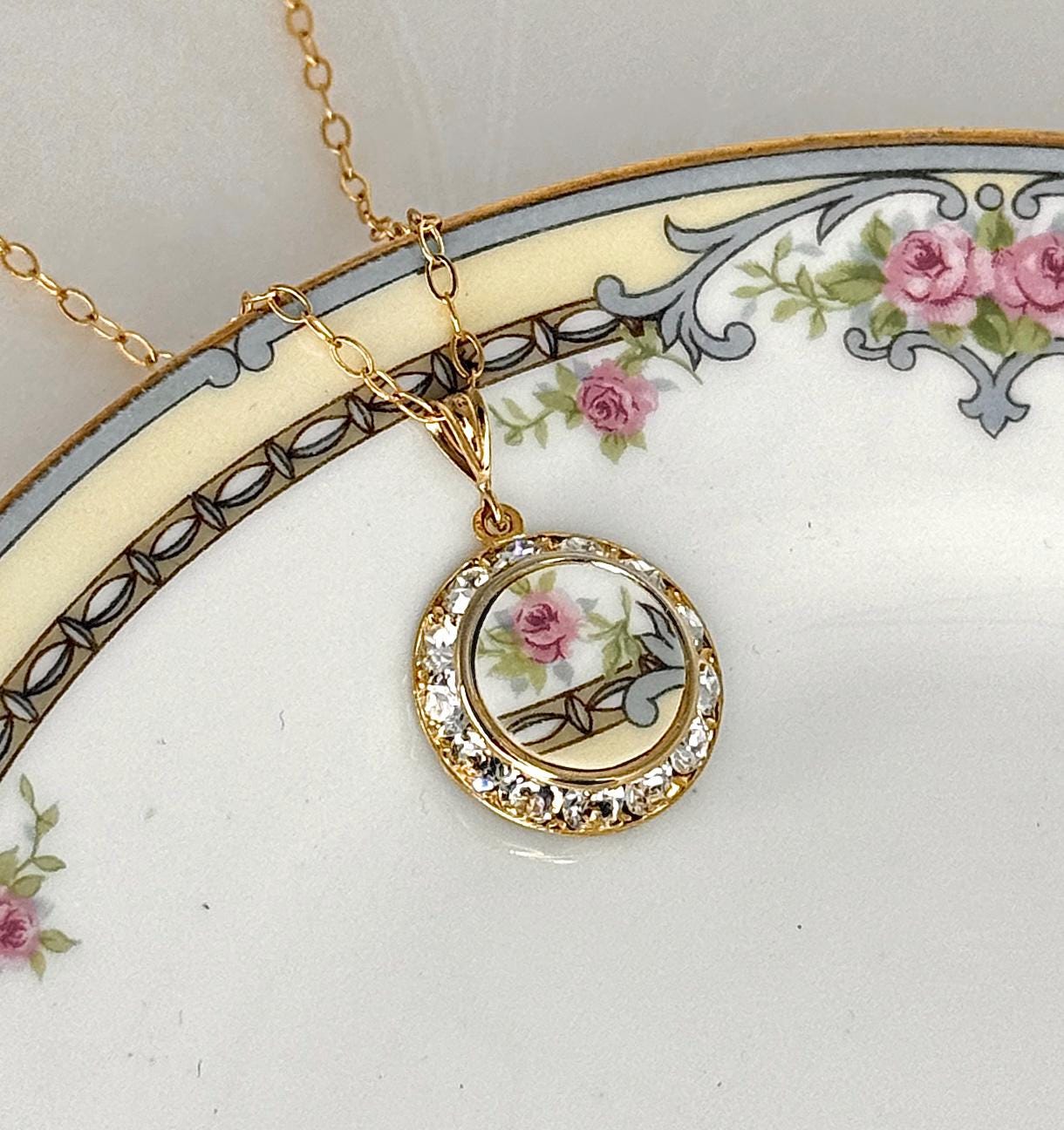 Victorian Rose Porcelain Necklace, 18th Wedding Anniversary Gift for Wife, Gold Broken China Jewelry