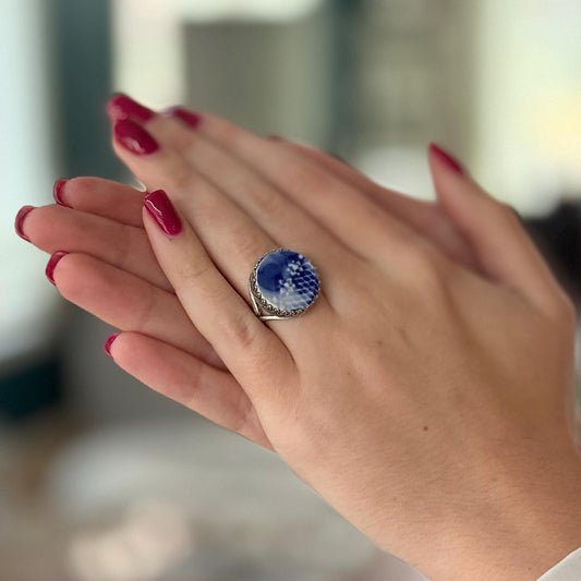 Antique Flow Blue Porcelain Ring, Adjustable Sterling Silver Ring, Broken China Jewelry