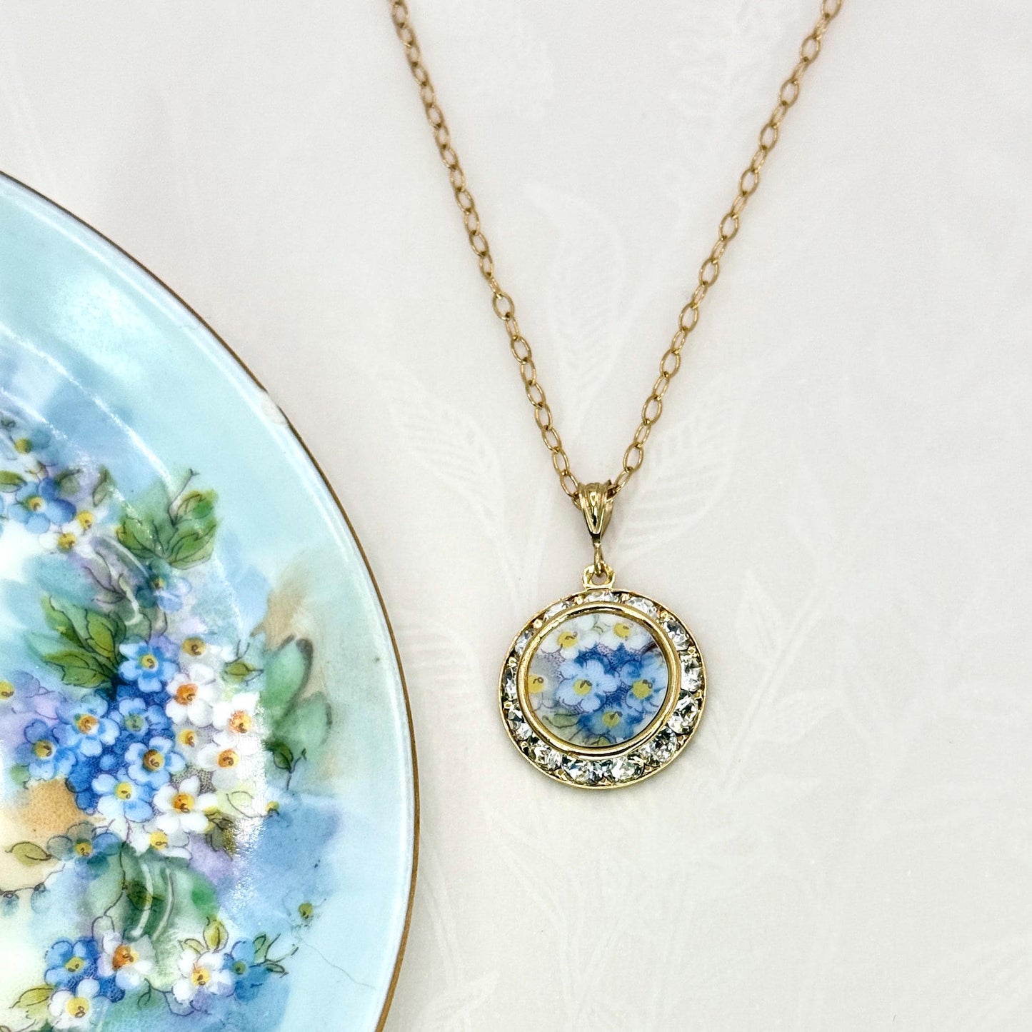 Romantic Forget Me Not Necklace, 20th Anniversary Gift for Wife, Hand Painted Broken China Jewelry