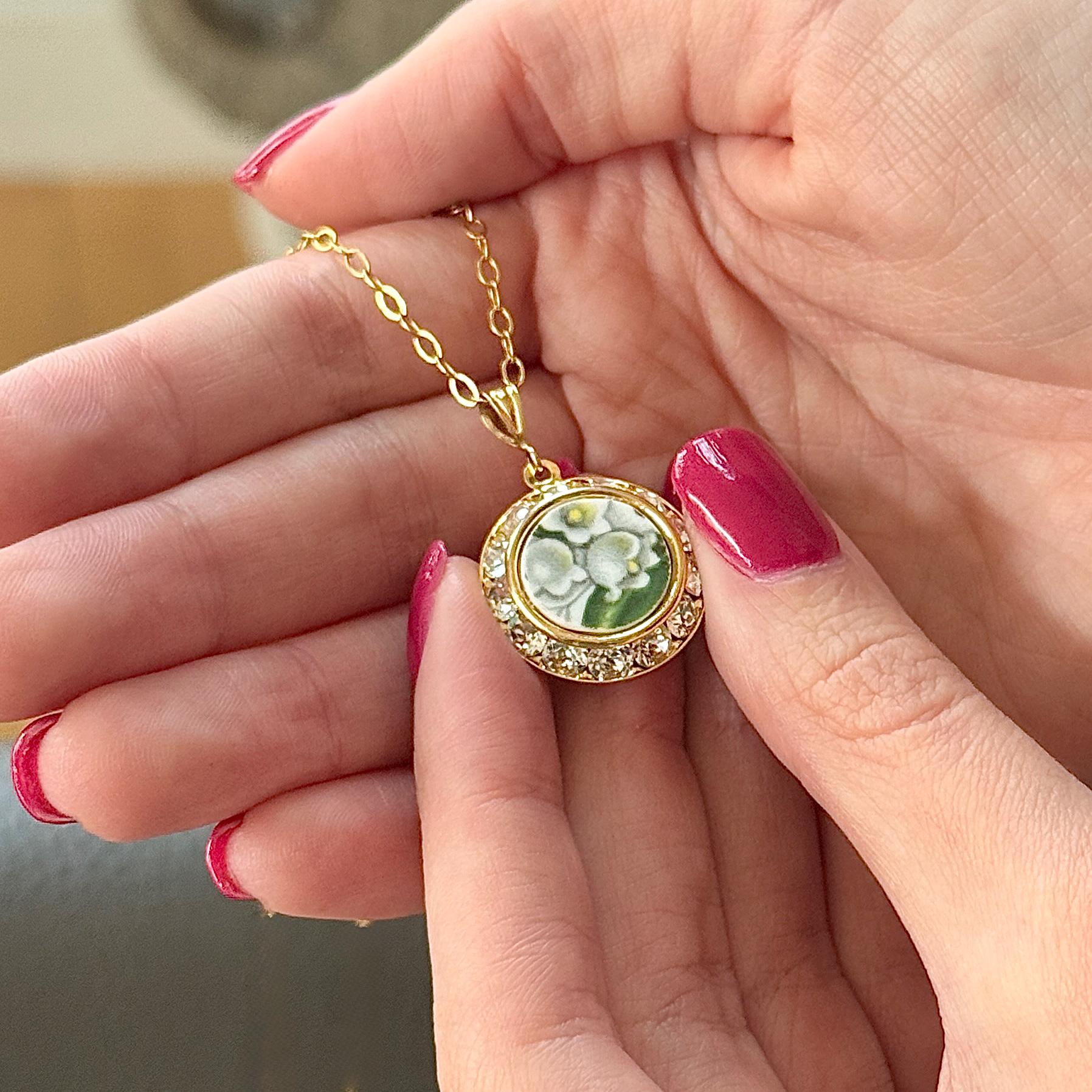 Lily of the Valley Necklace, 20th Wedding Anniversary Gift for Wife, Gold Crystal Broken China Jewelry