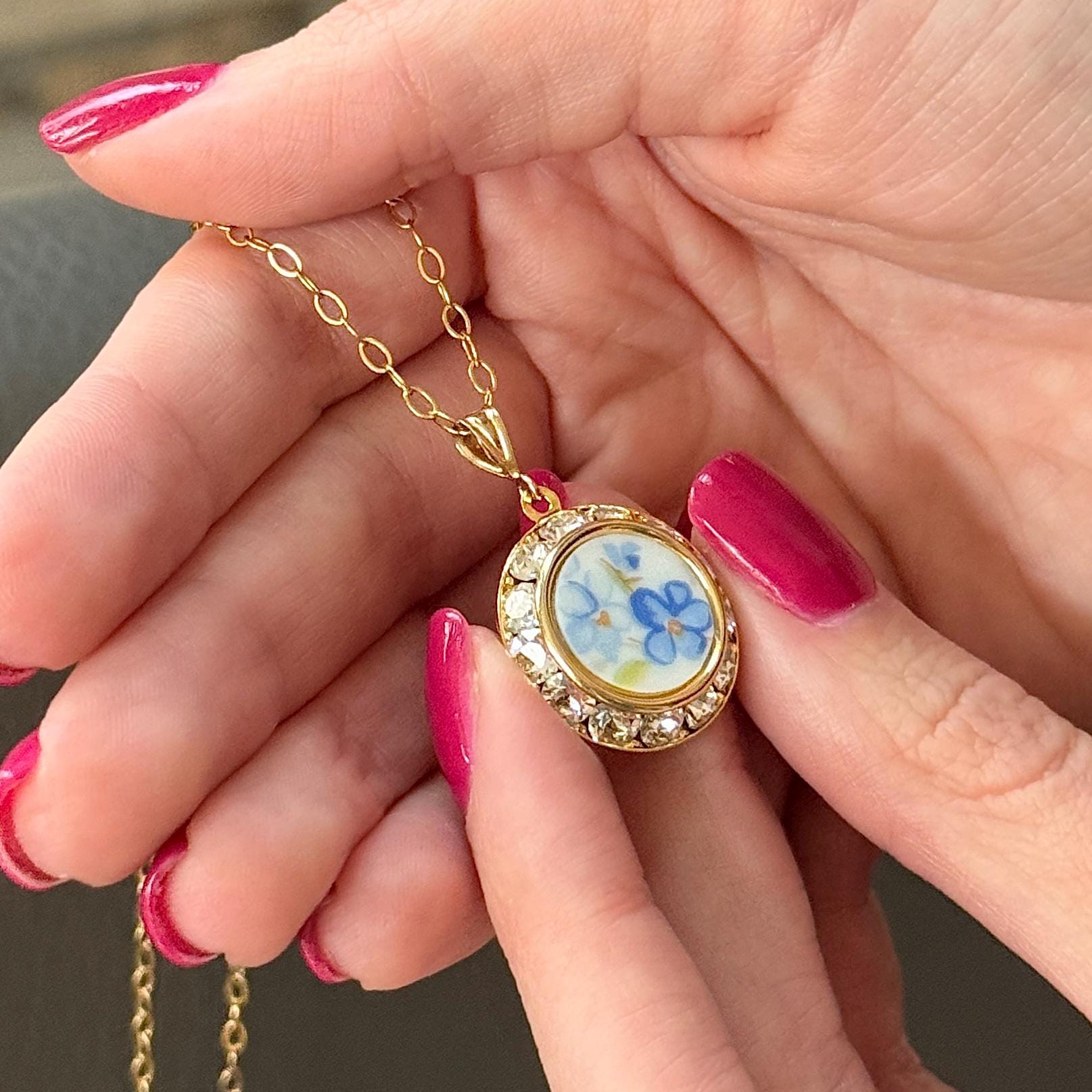 Gold Forget Me Not Crystal Necklace, Romantic 18th Anniversary Gift for Wife, Dainty Porcelain Jewelry