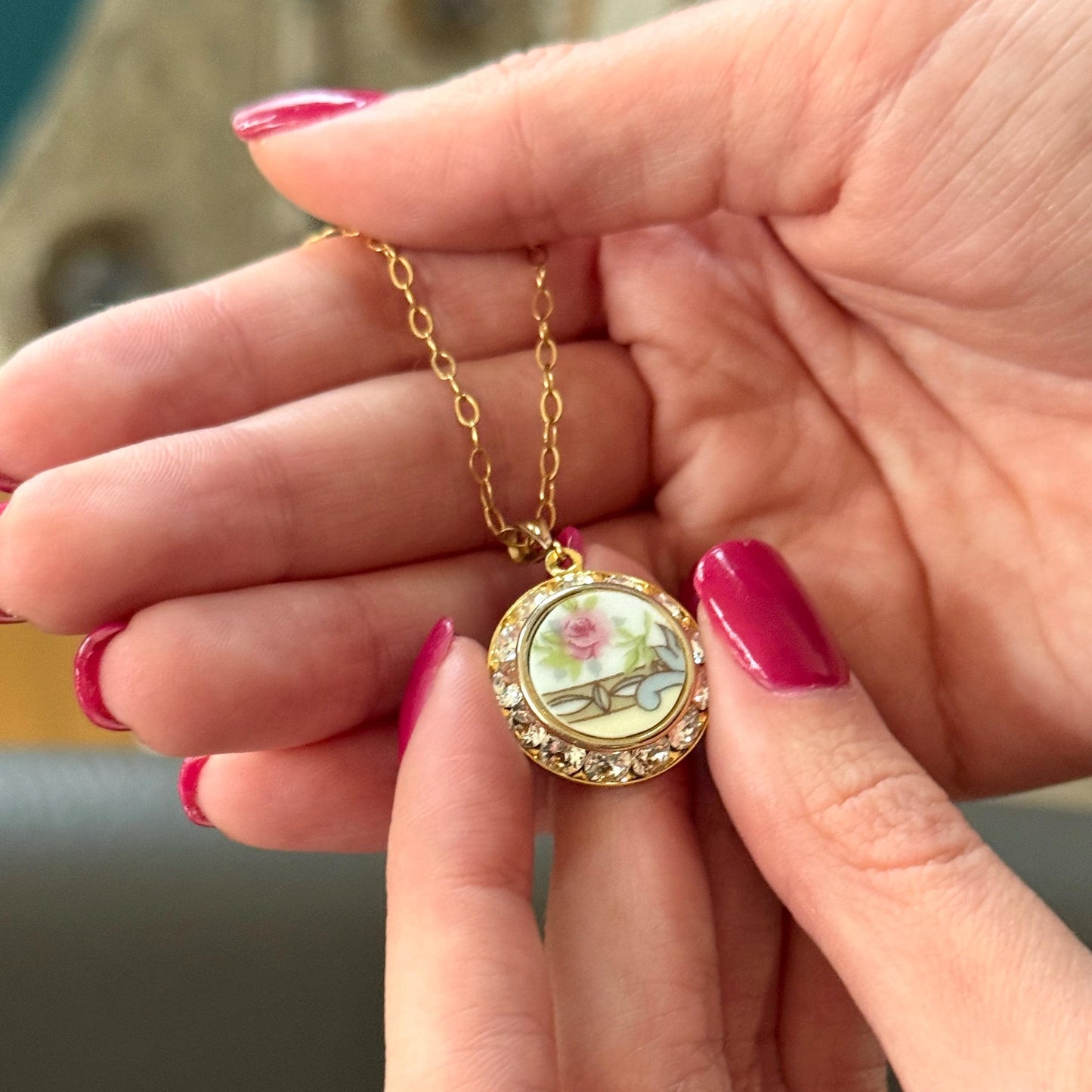 Victorian Rose Porcelain Necklace, 18th Wedding Anniversary Gift for Wife, Gold Broken China Jewelry