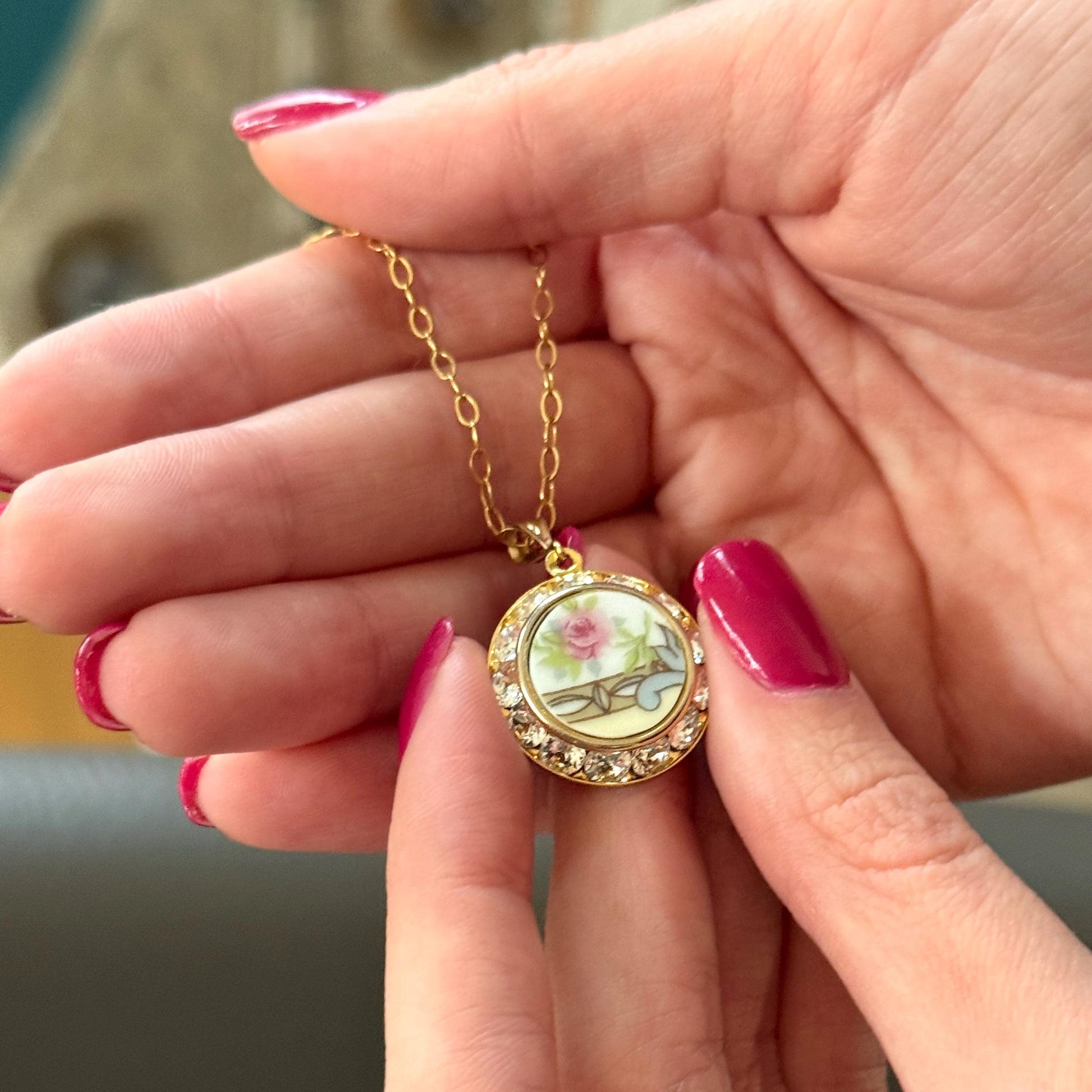 Victorian Rose Porcelain Necklace, 18th Wedding Anniversary Gift for Wife, Gold Broken China Jewelry