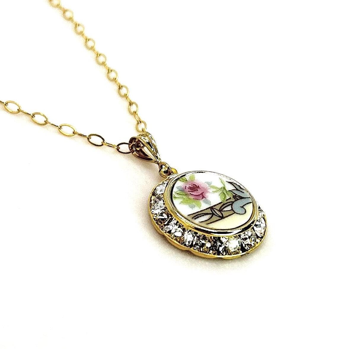 Victorian Rose Porcelain Necklace, 18th Wedding Anniversary Gift for Wife, Gold Broken China Jewelry