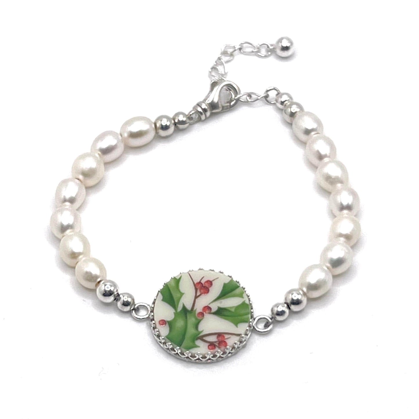 Freshwater Pearl Christmas Bracelet, Lenox Holiday Broken China Jewelry