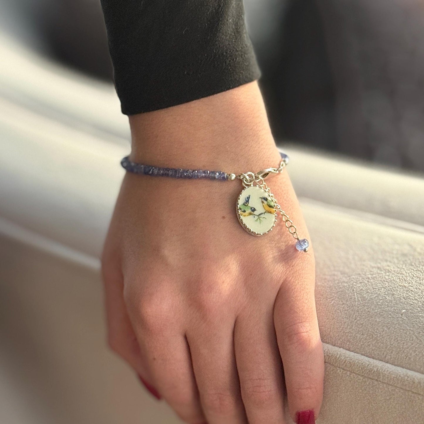 Tanzanite & Love Birds Charm Bracelet, 18th Wedding Anniversary Gifts for Wife, Antique Porcelain