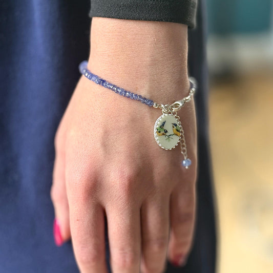 Tanzanite & Love Birds Charm Bracelet, 18th Wedding Anniversary Gifts for Wife, Antique Porcelain