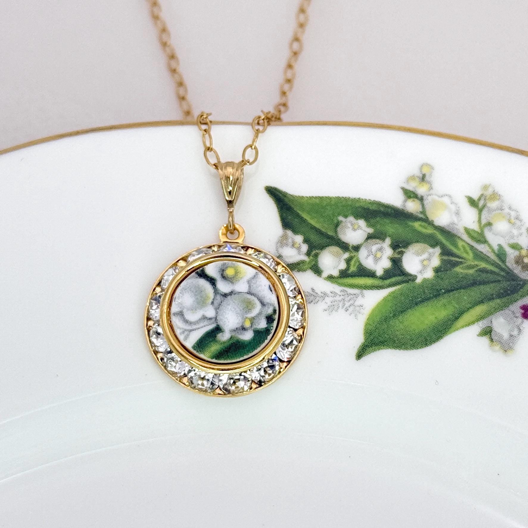 Lily of the Valley Necklace, 20th Wedding Anniversary Gift for Wife, Gold Crystal Broken China Jewelry