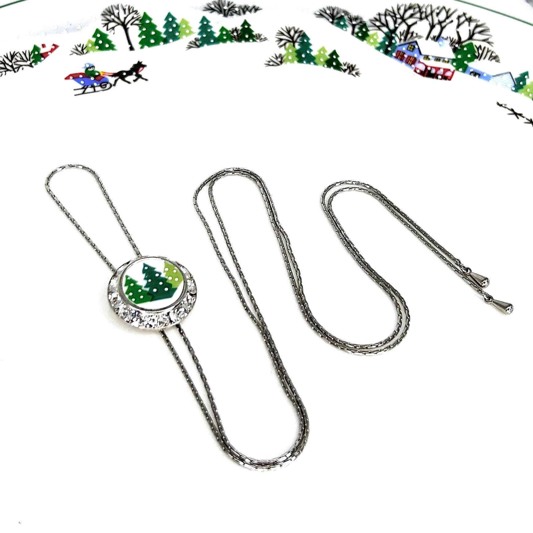 Christmas Tree Green Crystal Lariat Necklace, Adjustable Broken China Jewelry, Lenox Holiday Pattern
