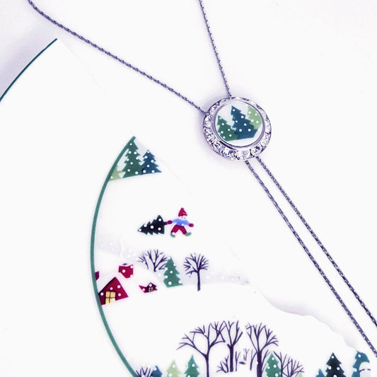 Christmas Tree Green Crystal Lariat Necklace, Adjustable Broken China Jewelry, Lenox Holiday Pattern