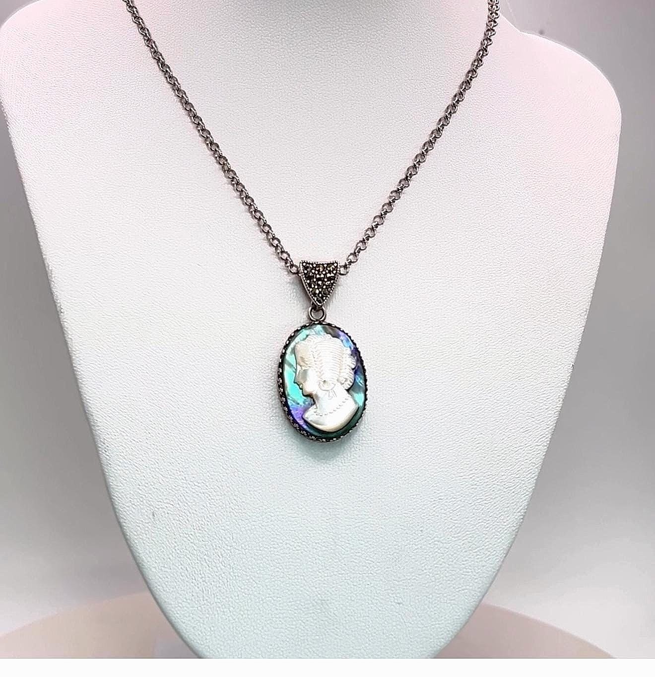 Vintage Mother of Pearl and Abalone Shell Cameo Necklace, Sterling Silver Victorian Marcasite Jewelry