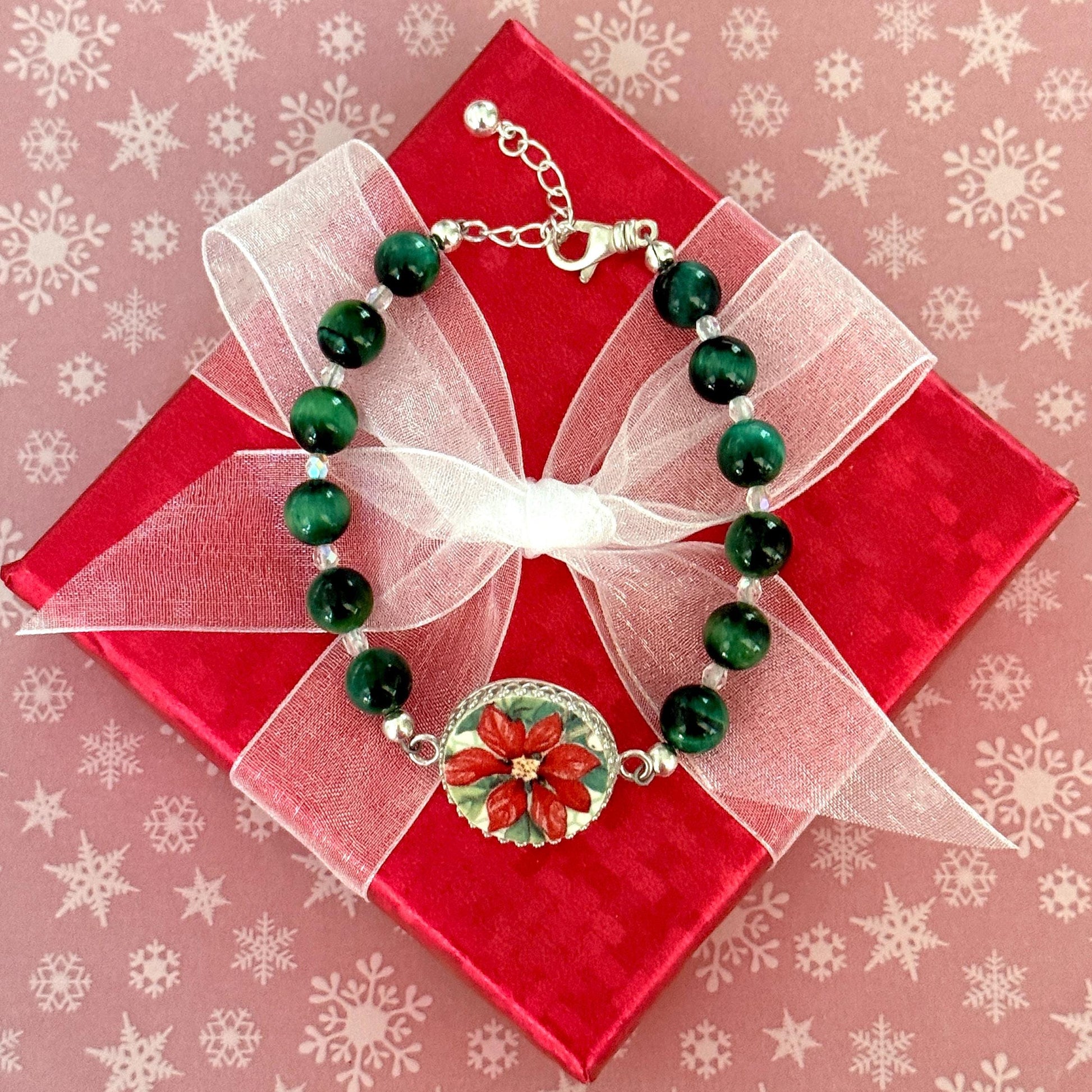 Red Poinsettia Christmas Bracelet, Unique Broken China Jewelry, Green Cats Eye Gemstone, Gifts for Her