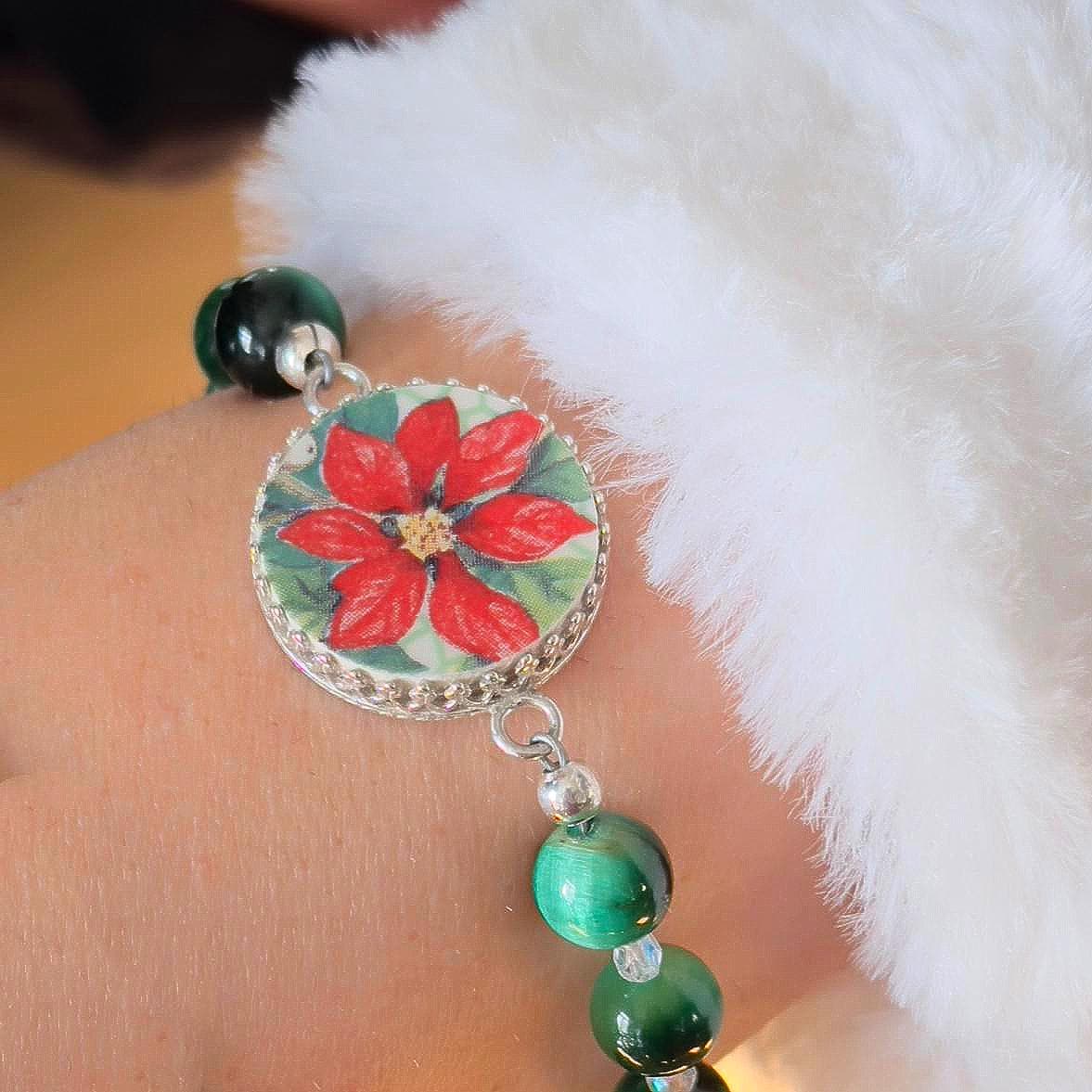 Red Poinsettia Christmas Bracelet, Unique Broken China Jewelry, Green Cats Eye Gemstone, Gifts for Her