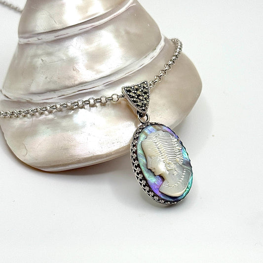 Vintage Mother of Pearl and Abalone Shell Cameo Necklace, Sterling Silver Victorian Marcasite Jewelry