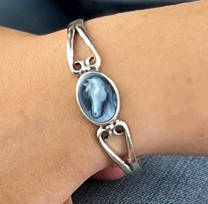 Elegant Horse Cameo Bracelet, Authentic Blue Agate Gemstone Jewelry, Sterling Silver Cuff Bracelet
