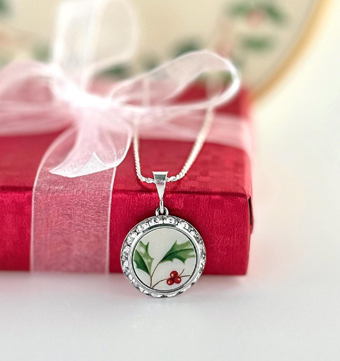 Crystal Christmas Necklace, Holly Lenox Holiday Broken China Jewelry